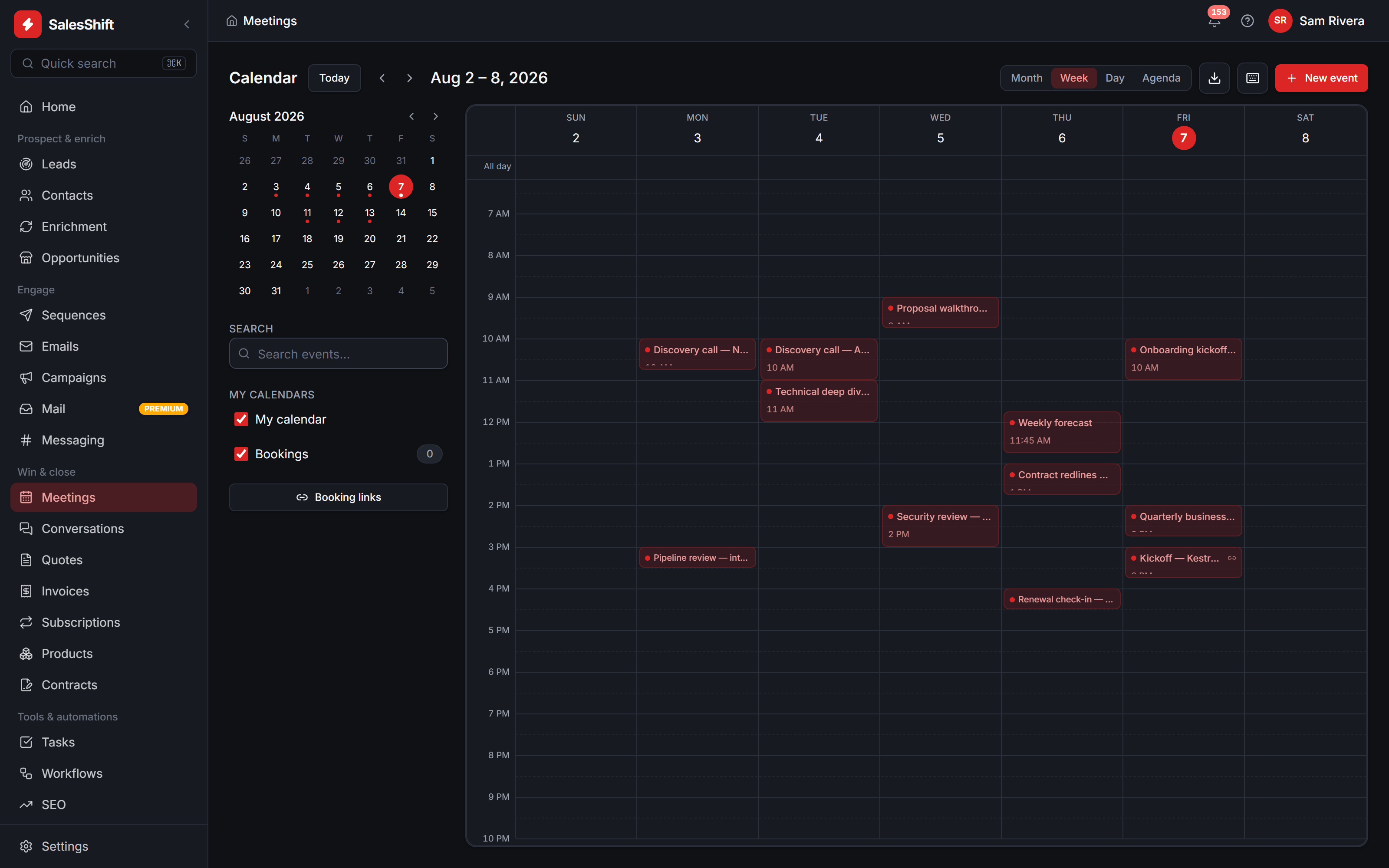 SalesShift calendar in week view: meetings laid out across Monday to Friday of a working week, with a mini-month, event search, calendar toggles and booking links in the left rail.