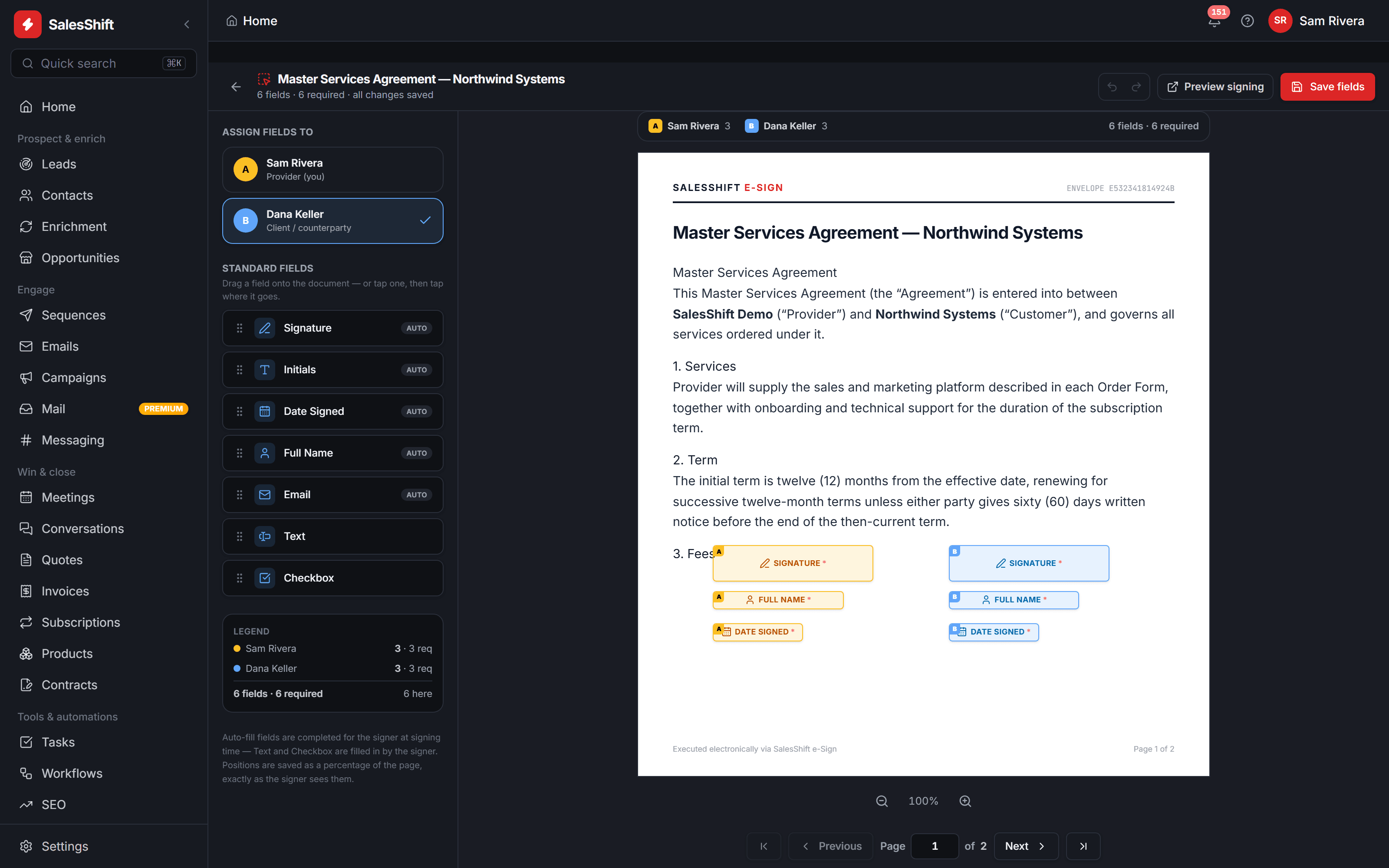 SalesShift e-sign preparation screen: a Master Services Agreement with signature, full-name and date-signed fields placed on the page for two signers, colour-coded amber and blue, beside a palette of draggable field types.