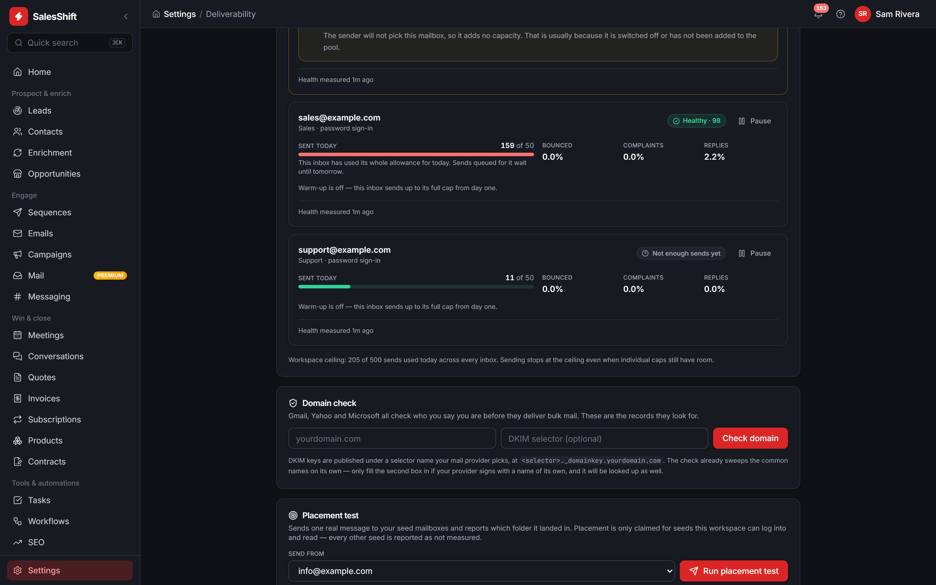 SalesShift deliverability settings: sending-pool cards per mailbox showing health grade, sends against daily cap and bounce, complaint and reply rates, above a workspace sending ceiling, a domain-record check and a placement test.