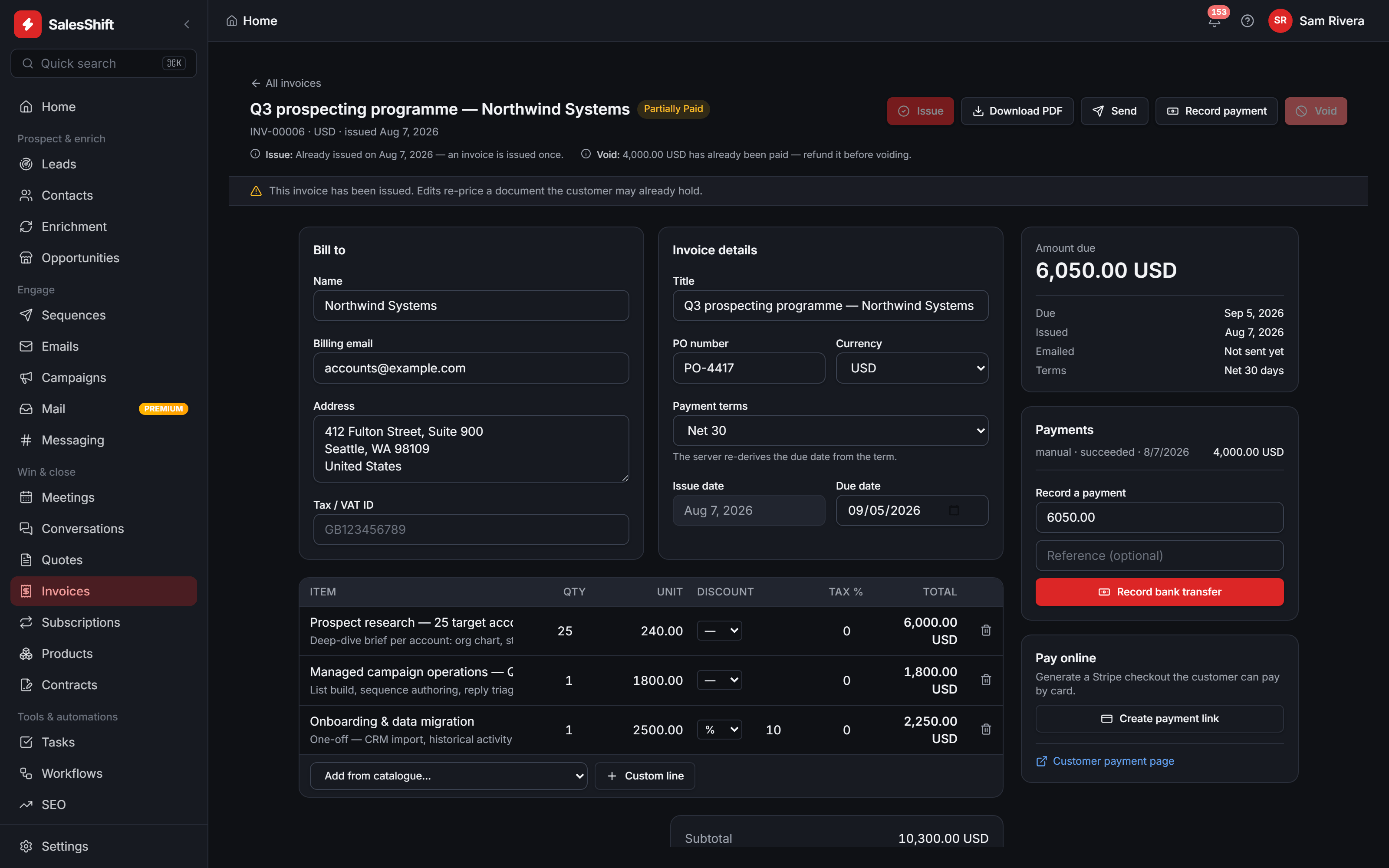 SalesShift invoice detail screen: bill-to and invoice-detail panels, a line-item table with discounts and tax, and a right-hand column showing amount due, a recorded payment and a Stripe payment-link action.