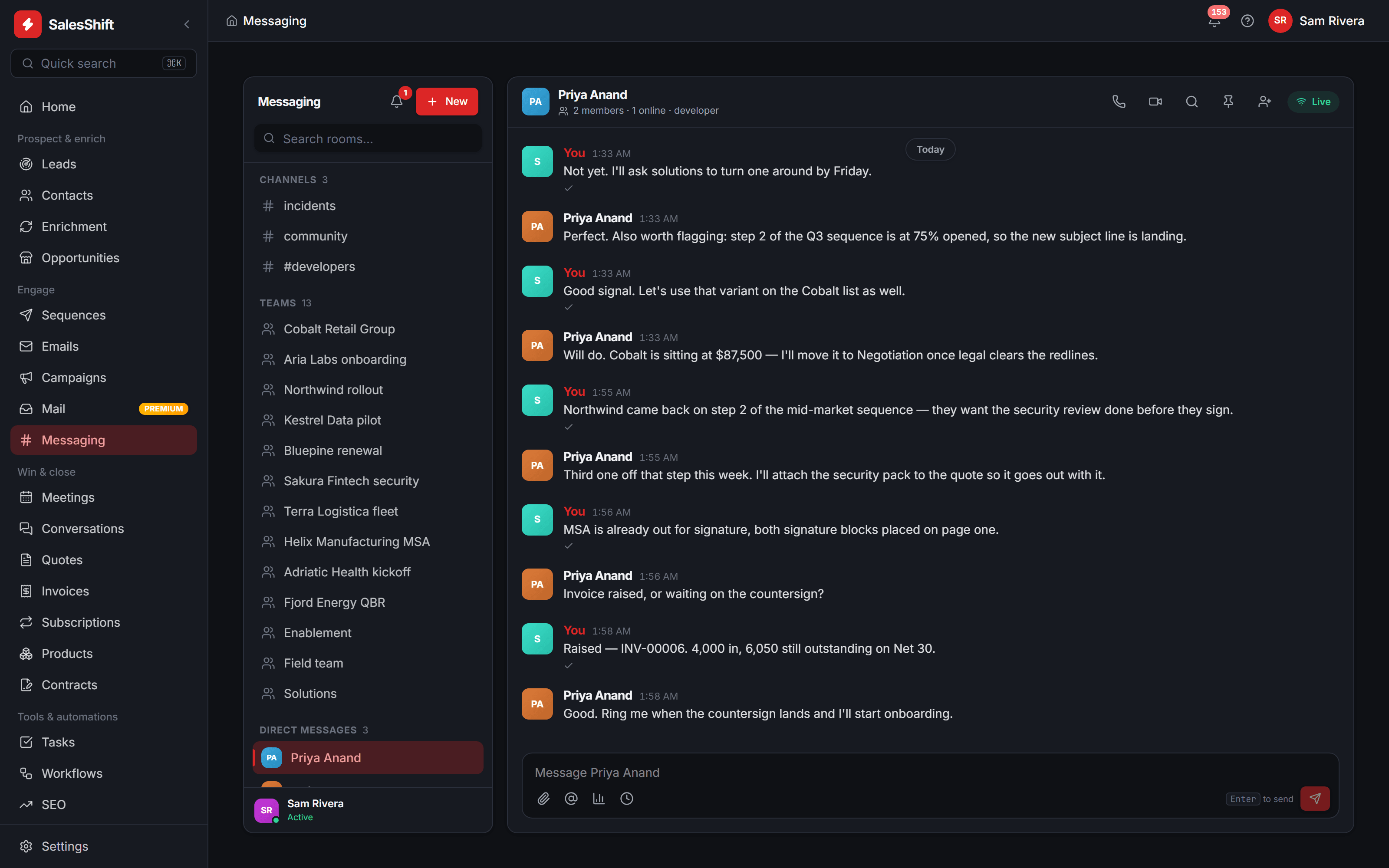 SalesShift team messaging: a channel and room list on the left and an open direct-message thread on the right, with read receipts, a message composer, and audio- and video-call buttons in the room header.
