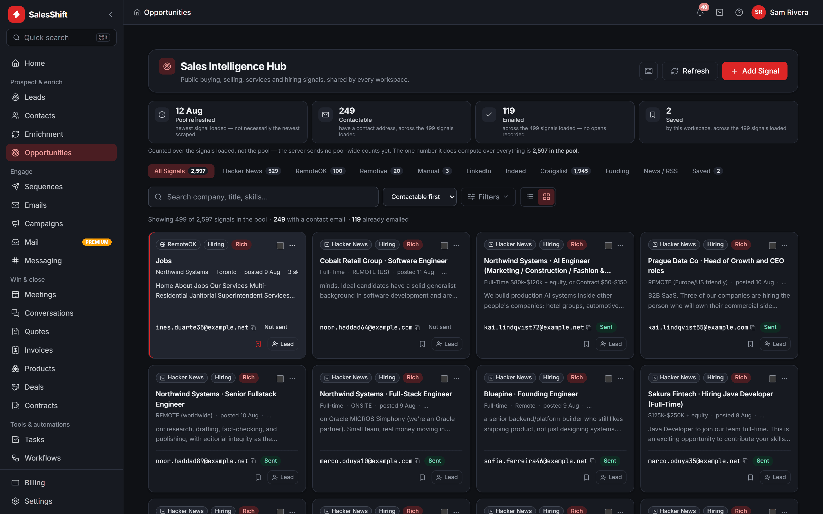 SalesShift opportunities feed in card view: a grid of signal cards, each with source, intent and data-quality chips, a snippet of the original posting, a contact address, and an action that turns the signal into a lead.