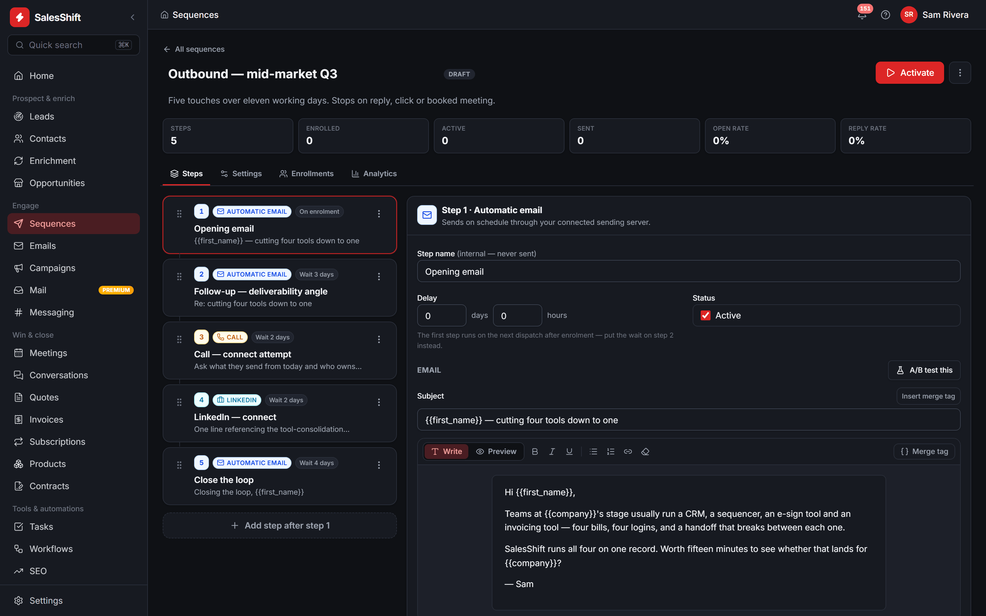SalesShift sequence builder: a five-step outbound cadence listed on the left with channel badges and wait intervals, and the step-one email editor open on the right showing delay, subject with a merge tag, and body text.